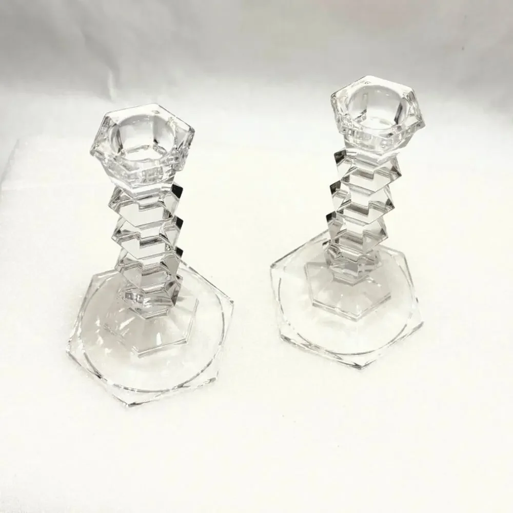 Vintage Faceted Crystal Clear Glass Candlestick Candle Holder Pair Centerpiece